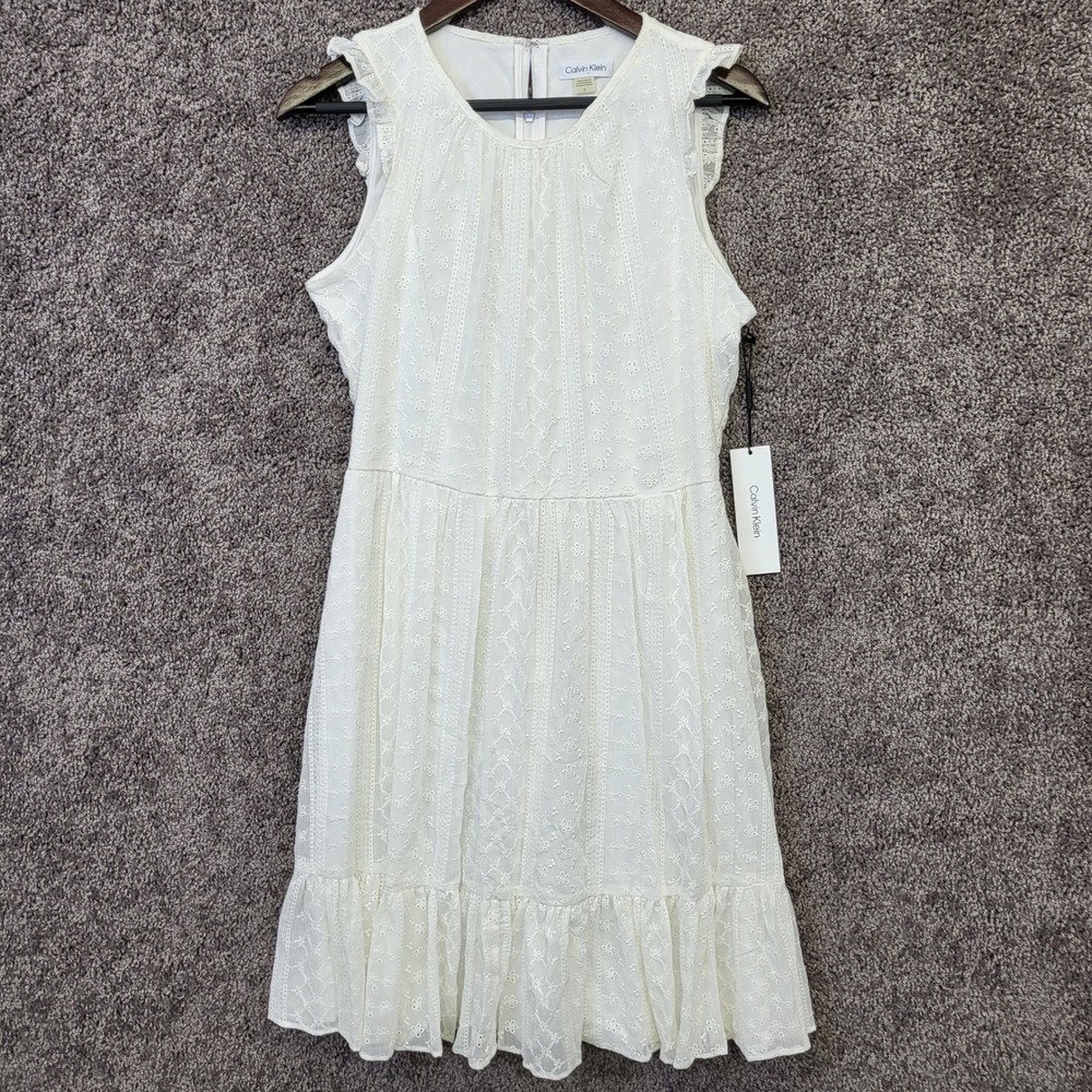 Calvin Klein Women's CD2H2741 Embroidered Eyelet Ruffle Tiered Dress White 8